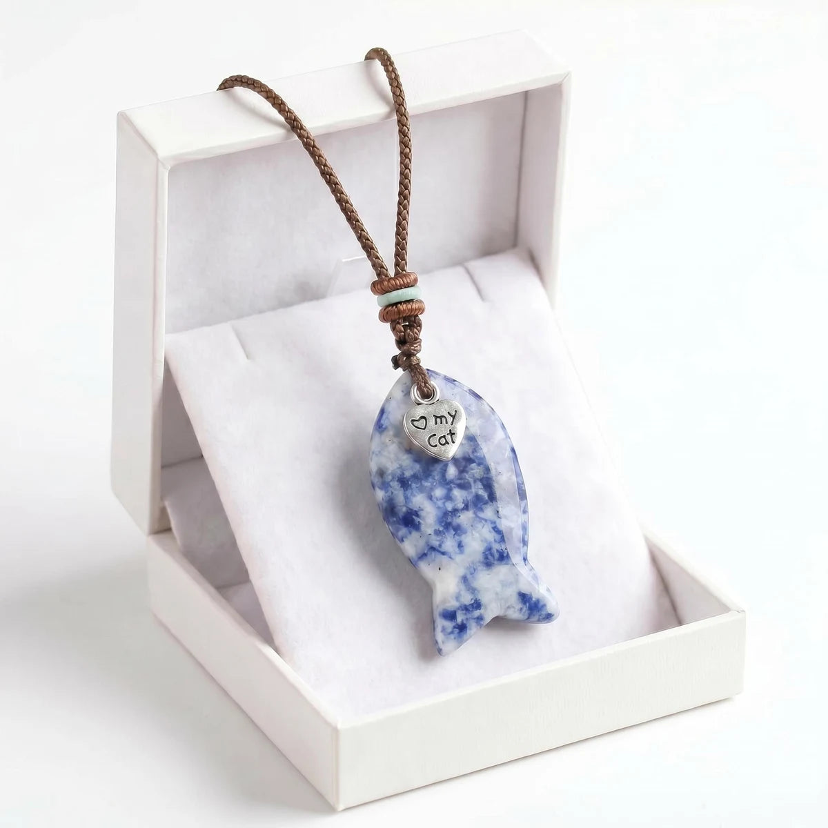 Sodalite Adjustable Braided Rope Choker Necklace with Gemstone Fish & I Love My Cat Metal Heart Charm Gift with Box
