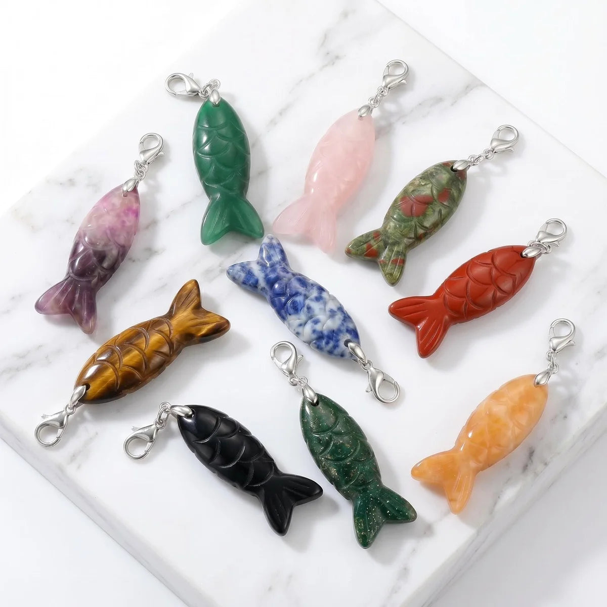 Hand Craved Gemstone Fish Charms Tag for Keychain Bag DIY Jewelry Pendants with Lobster Clasp Healing Stones