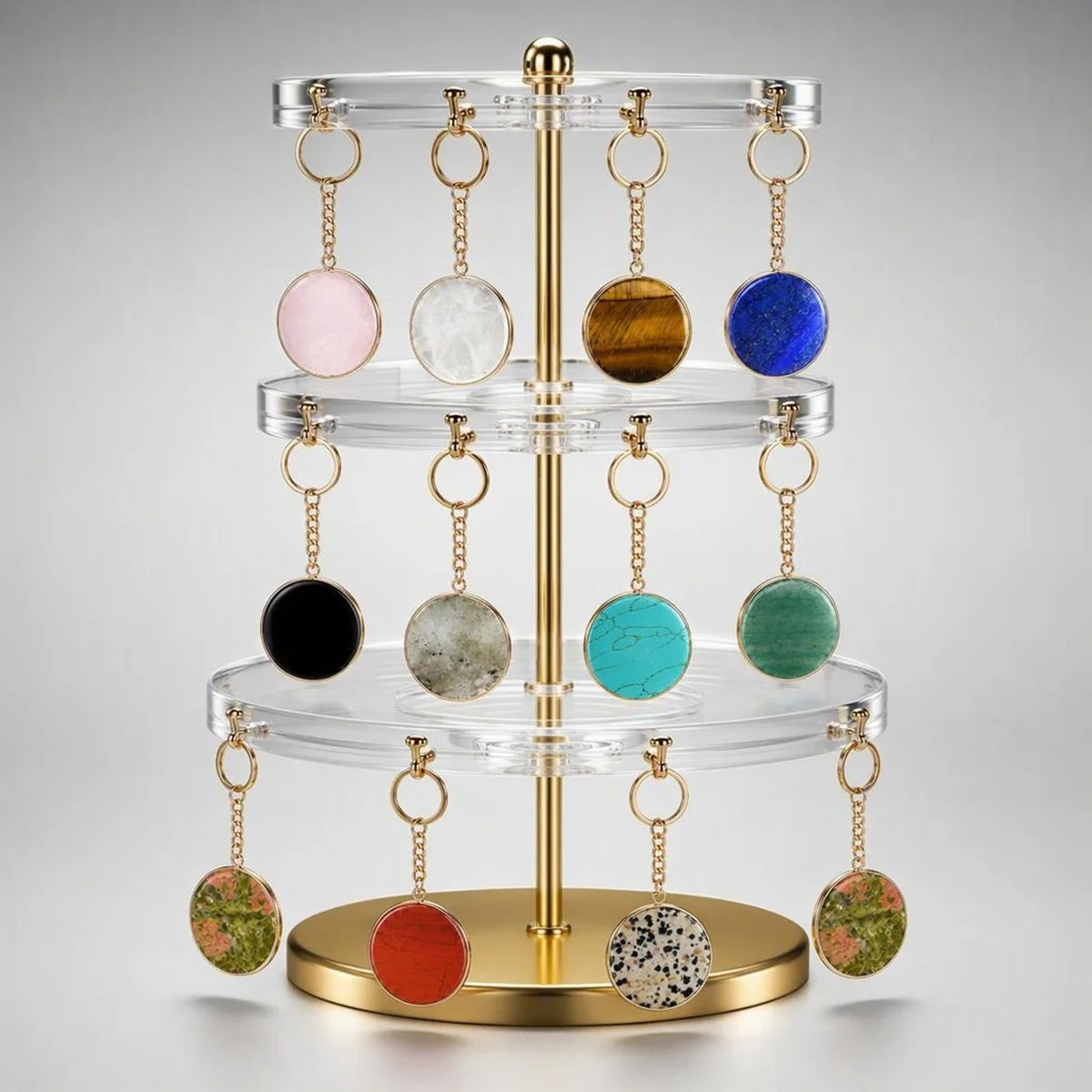 Fashion 30MM Round Disc Gemstone Keychain Chakra Healing Amulet Car Key Holder Ring #KC2060