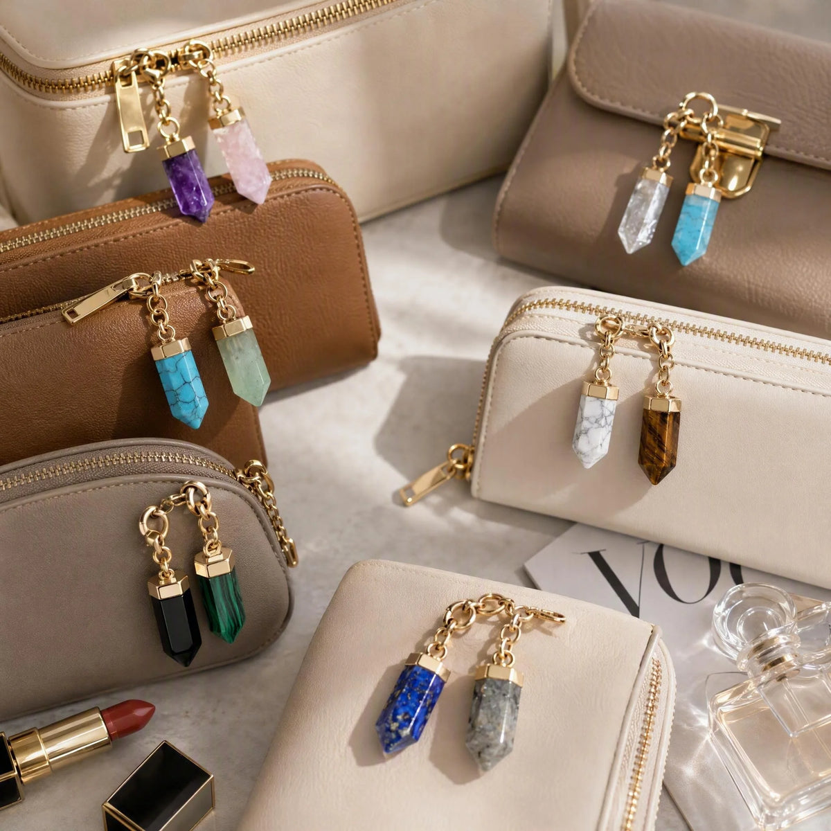 Hexagonal Crystal Bullet Stone Pendant Bag Tag Charm Gold Lobster Clasp Purse Handbag Zipper Pull DIY Jewelry Making Accessories #SP2057