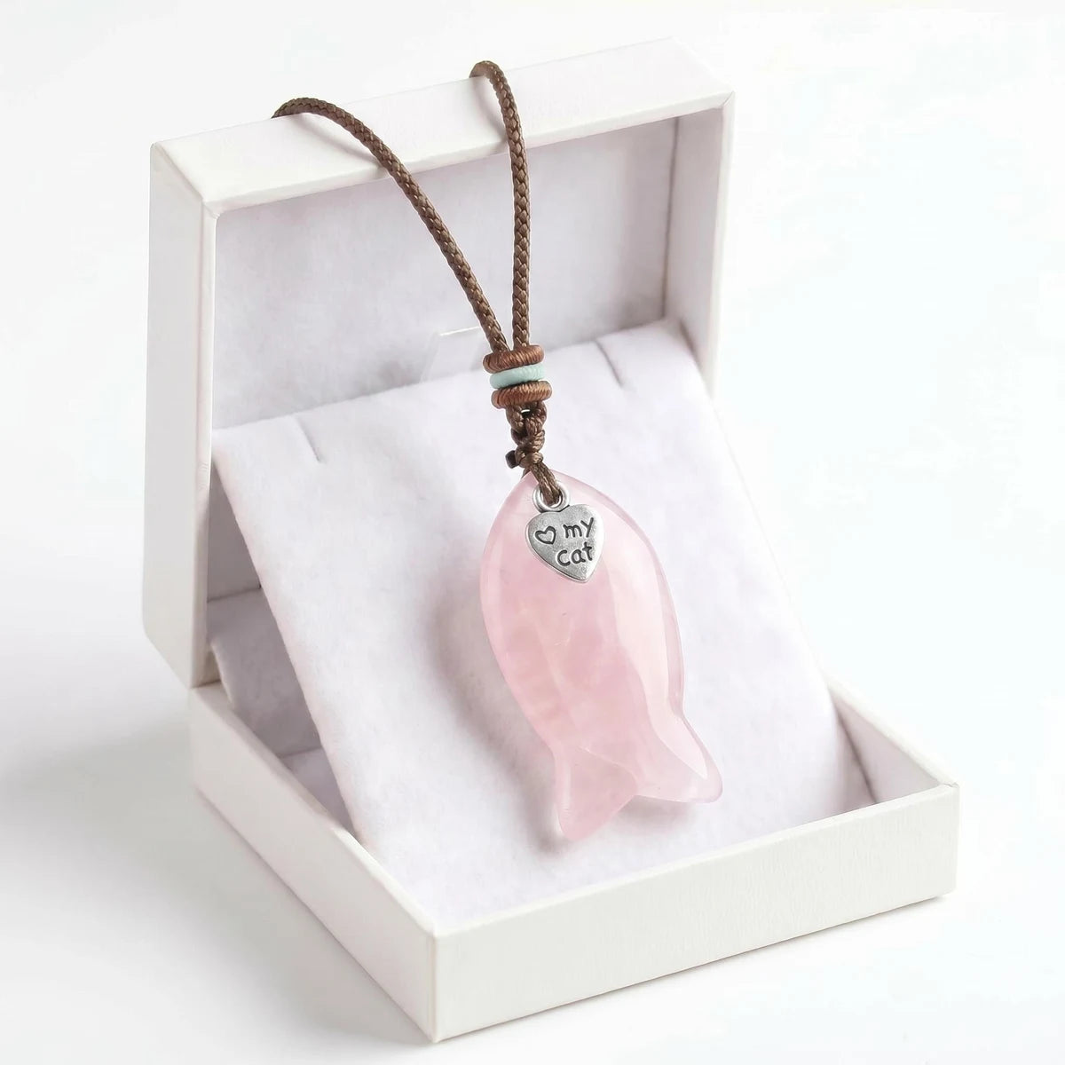 Rose Quartz Adjustable Braided Rope Choker Necklace with Gemstone Fish & I Love My Cat Metal Heart Charm Gift with Box
