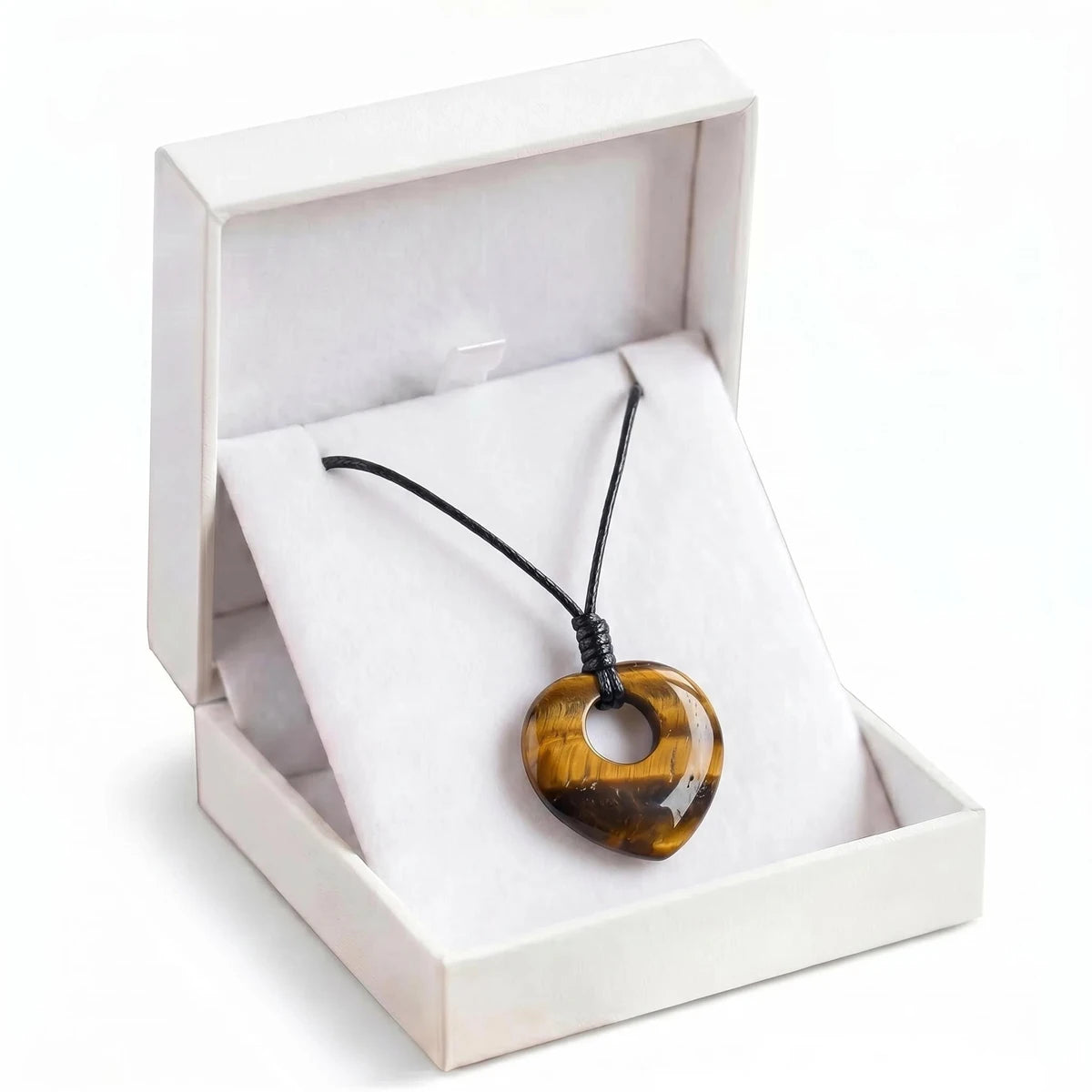 Tiger's Eye Healing Crystal Heart Pendant Necklace Adjustable Wax Cord Stone 40MM Donut Amulet Jewelry for Spiritual Wellness