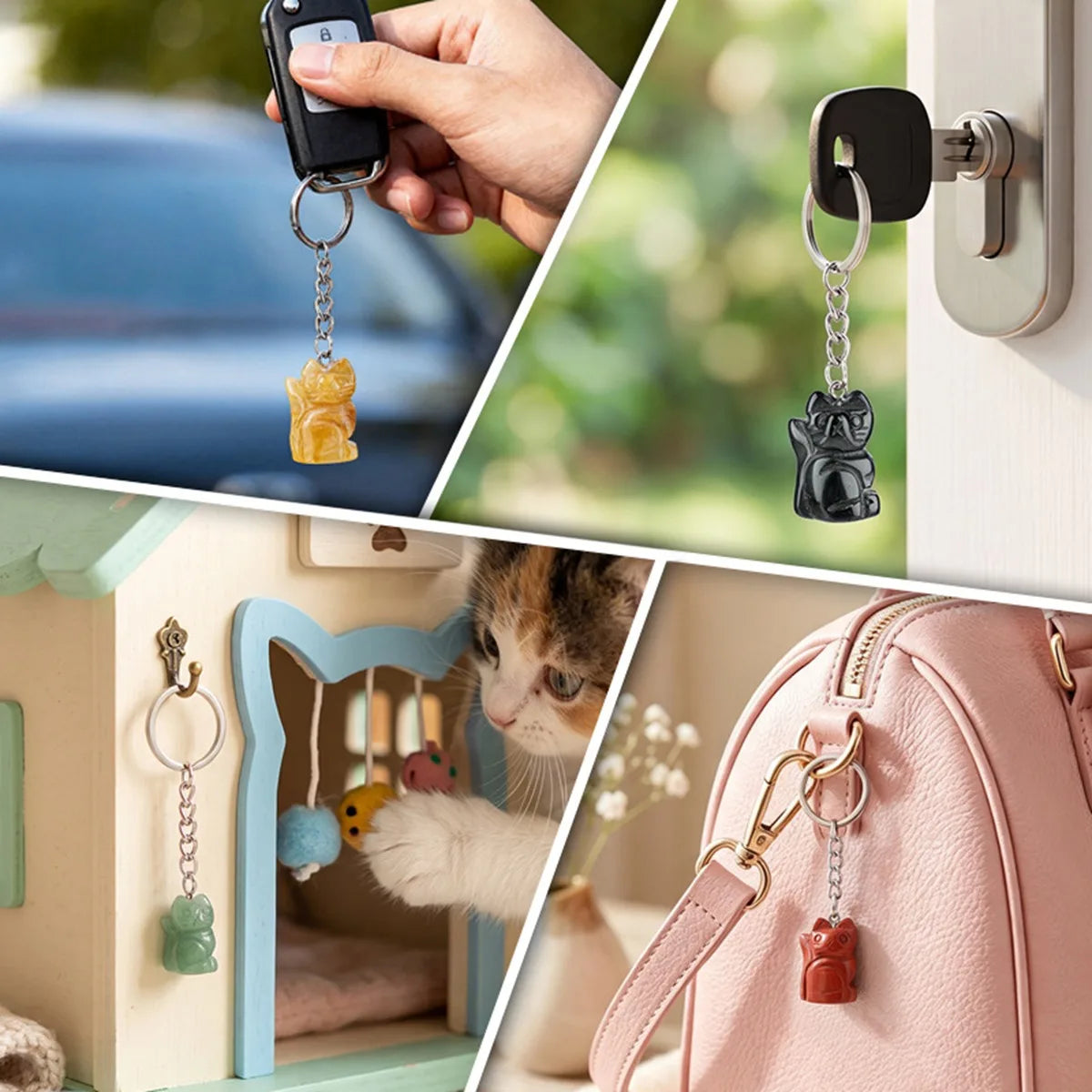 Healing Crystal Stone Cat Keychain Reiki Lucky Charms Keyring Women Bag Car Pendant