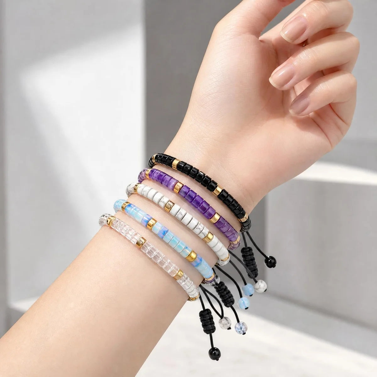 4MM Natural Stone Heishi Disc Braided Bracelet, Gold Spacer Bead Adjustable Woven Boho Stackable Bracelet for Women #SB3151