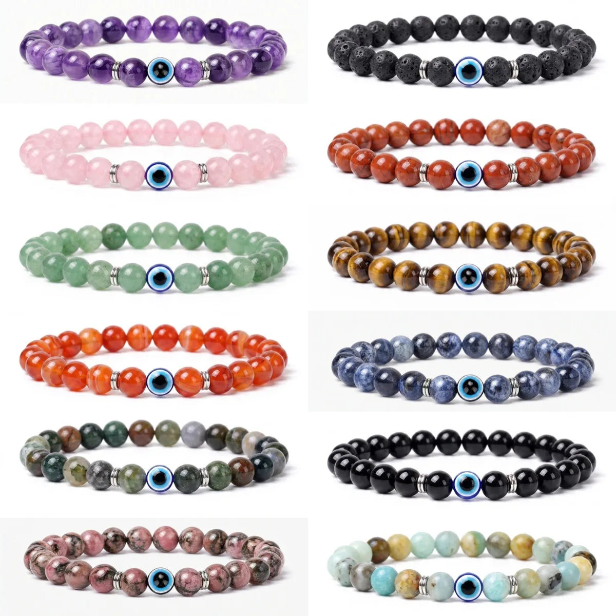 8mm Natural Round Gemstone Evil Eye Stretch Bracelet, Elastic Cord Protection Crystal Beaded Wristband Unisex Multi‑Stone Choice Spiritual Gift #SB3143