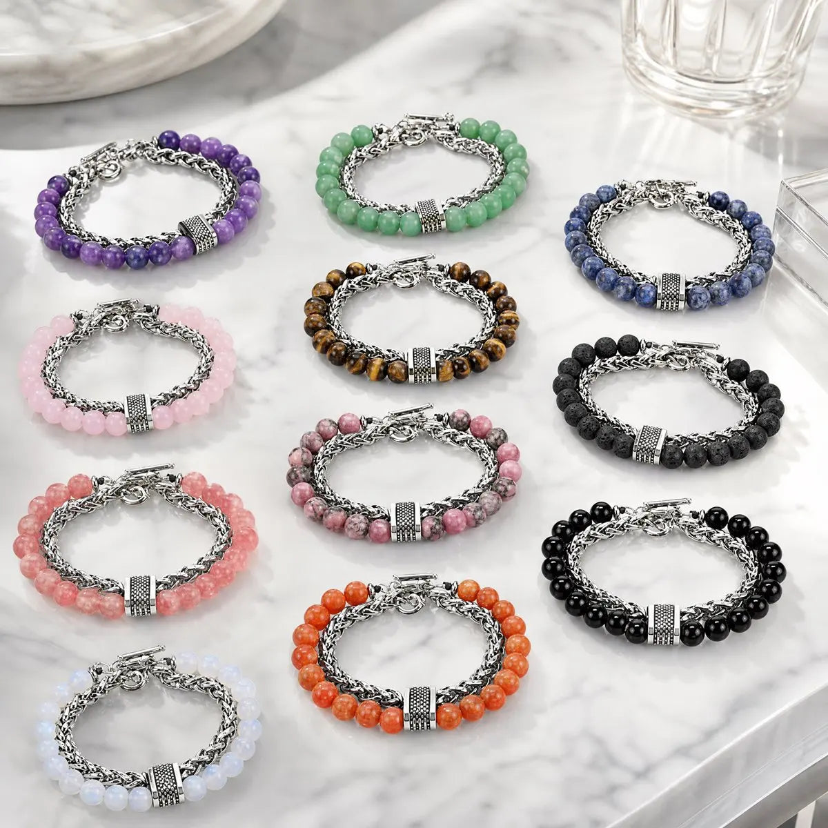 Men Double Layer Gemstone Bead Bracelet, Stainless Steel Chain OT Clasp Bracelet, 8mm Healing Crystal Wrist Jewelry Gift
