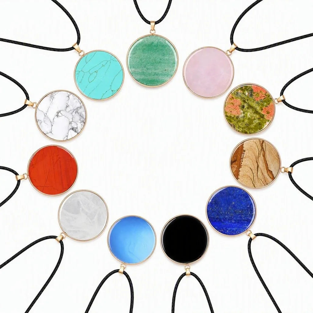 Handcrafted 30mm Natural Gemstone Pendant Necklace 45cm Black Cord | Gold Bezel Healing Crystal Jewelry #SN2060
