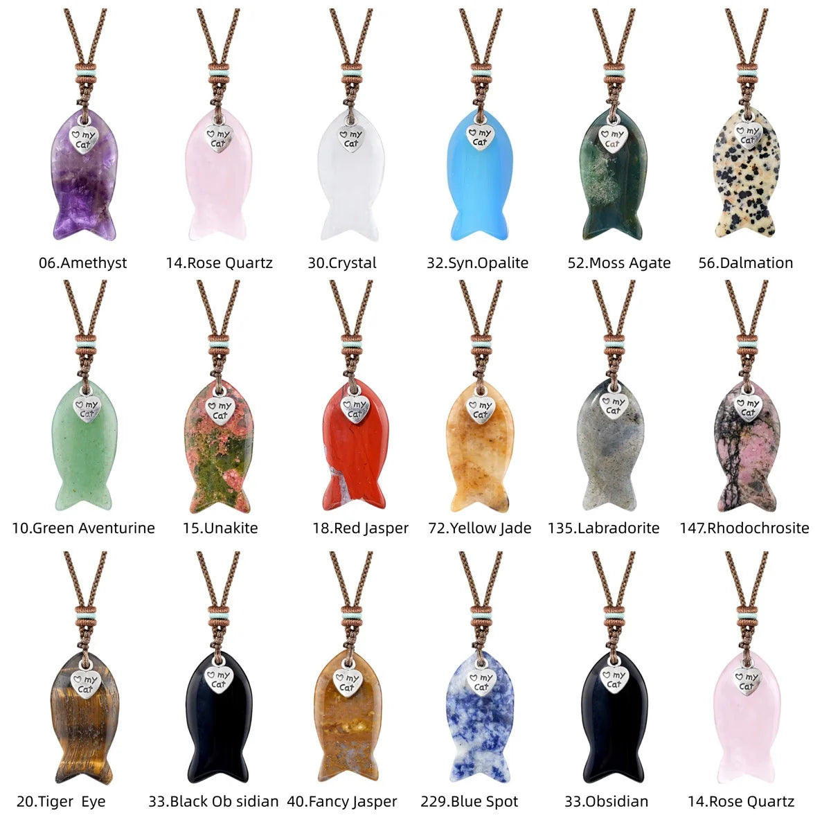 Adjustable Braided Rope Choker Necklace with Gemstone Fish & I Love My Cat Metal Heart Charm - Trendy Jewelry Gift with Box