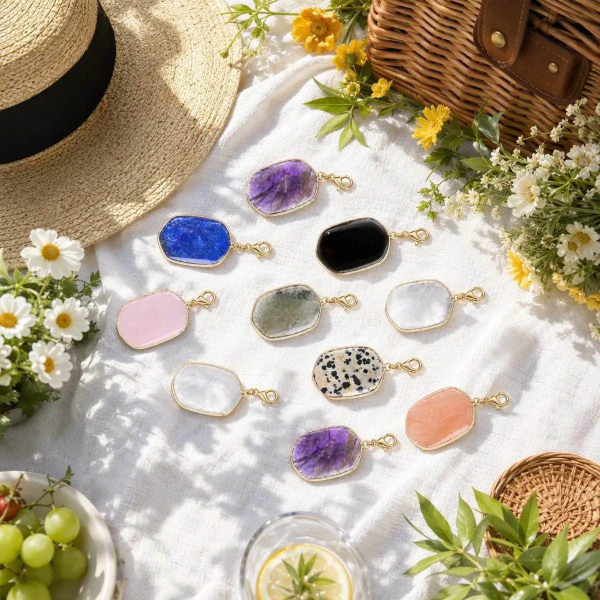 Oval Gemstone Pendants with Gold Lobster Claw Rectangle Crystal Tag Charms for DIY Making Jewelry #SP2059