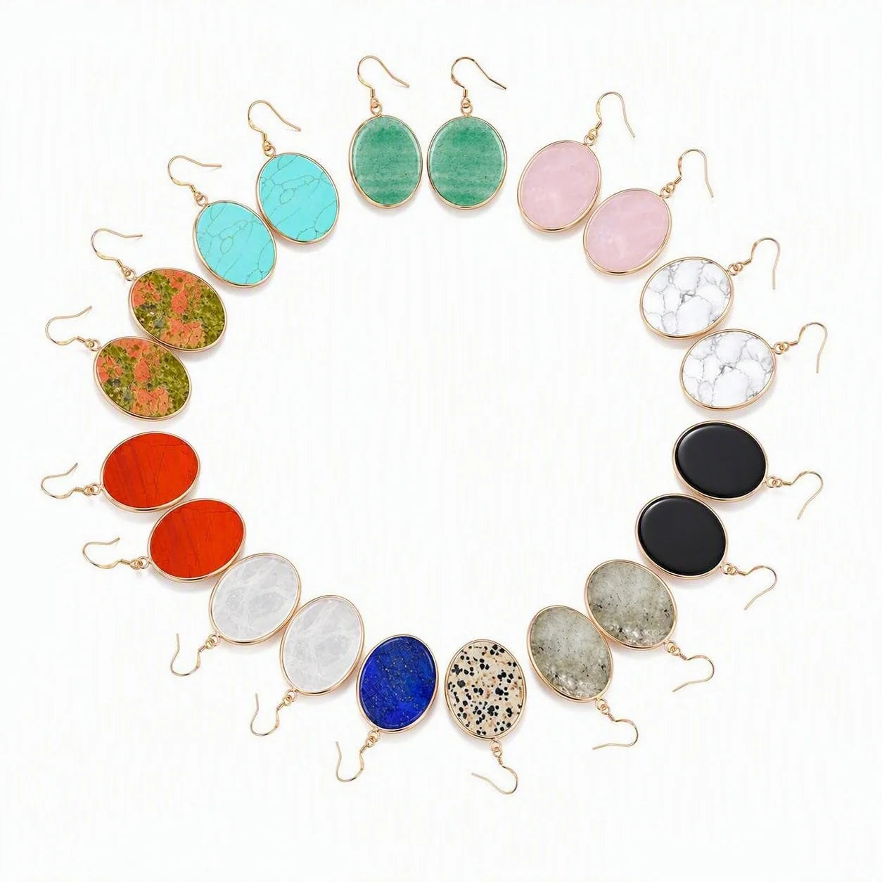 Natural Stone Round Dangle Earrings 30mm Gemstone Crystal Drop Jewelry Gold Plated Hooks #PE2060