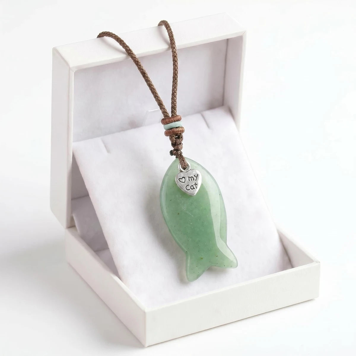 Green Aventurine Adjustable Braided Rope Choker Necklace with Gemstone Fish & I Love My Cat Metal Heart Charm Gift with Box