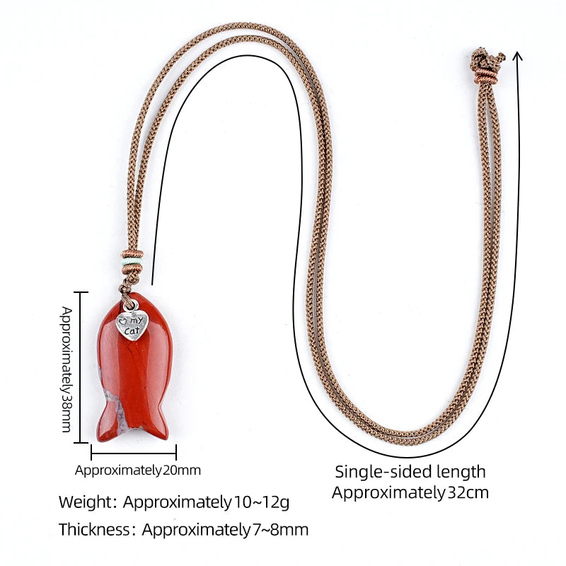 I Love My Cat Crystal Fish Pendant Necklace Metal Heart Charm Healing Choker Adjustable Braided Rope Jewelry Women Men