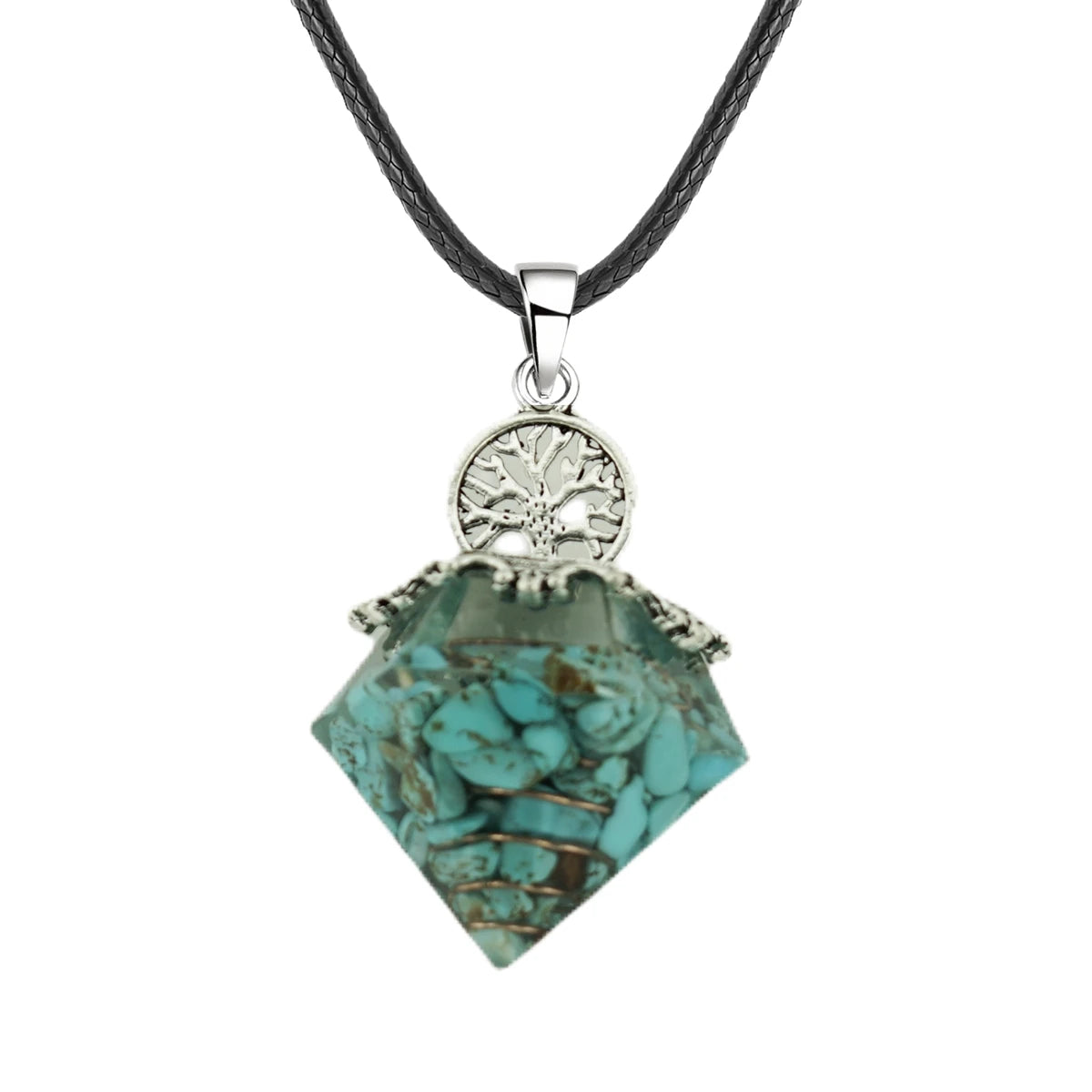 Faceted Diamond Cone Dowsing Pendulum Necklace, Sacred Tree of Life Totem Charm, Wicca Divination Energy Balancing Pendant with Cord