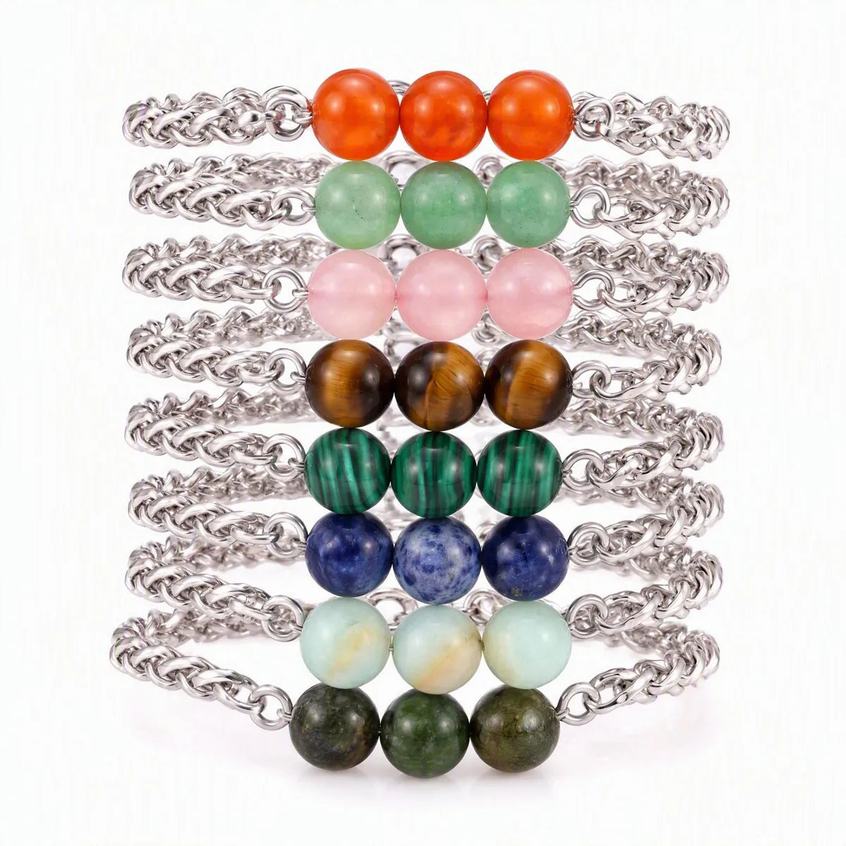 Natural Healing Crystal 3 Beads Bracelet Stainless Steel Wheat Chain Adjustable Unisex Gemstone Wrist Bracelets for Men Women #SB3155