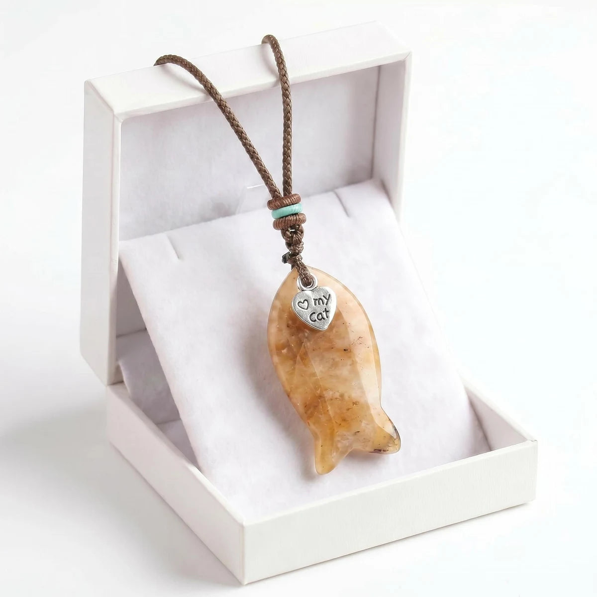 Yellow Jade Adjustable Braided Rope Choker Necklace with Gemstone Fish & I Love My Cat Metal Heart Charm Gift with Box