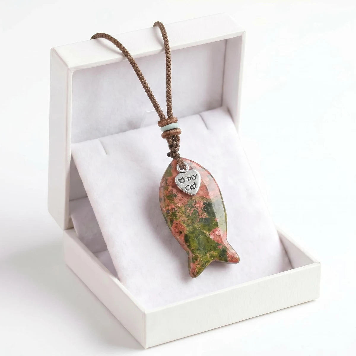 Unakite Jasper Adjustable Braided Rope Choker Necklace with Gemstone Fish & I Love My Cat Metal Heart Charm Gift with Box