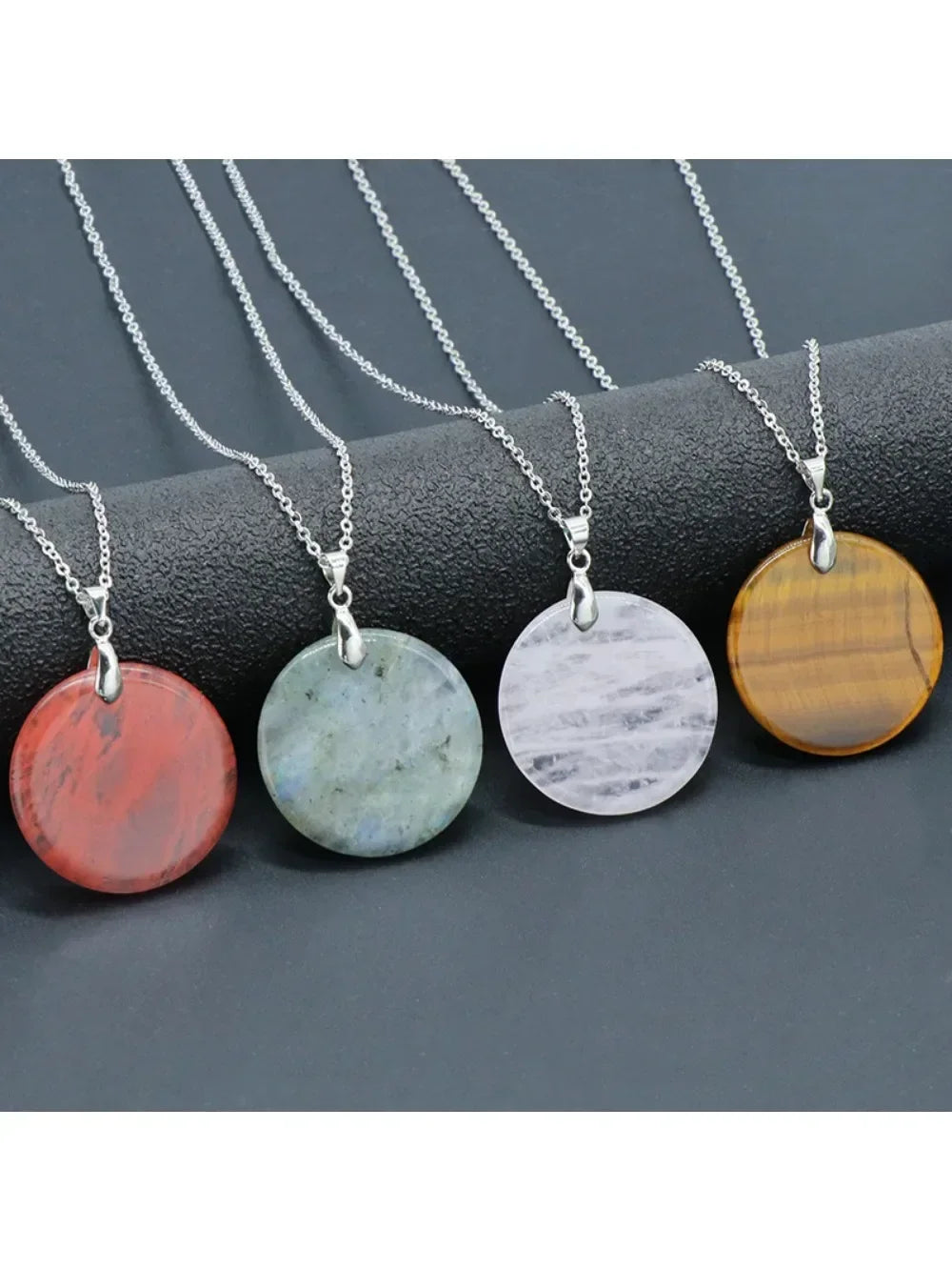 Vintage Natural Stone Circle Token Pendant Necklace, Flat Round Quartz Disk Charm with Cable Chain, Elegant Spiritual Protection Birthday Gift for Her