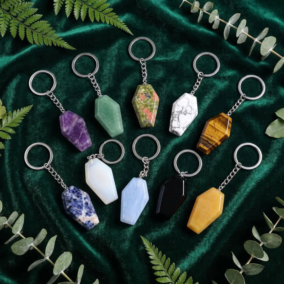Natural Gemstone Coffin Keychain - Faceted Healing Crystal Gothic Key Ring & Bag Charm