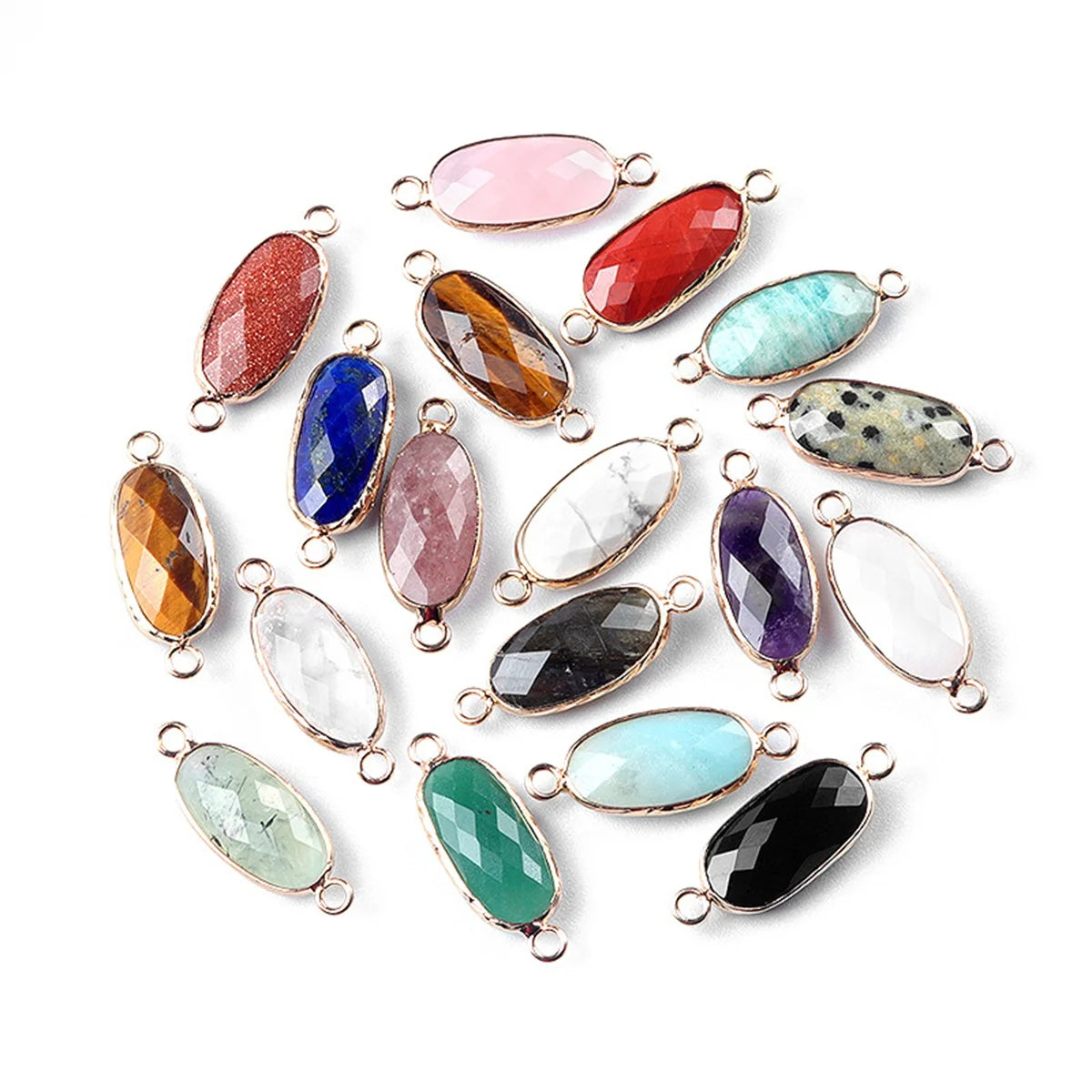 Faceted Oval Gemstone Connector Charms with Double Loops for Jewelry Making DIY Bracelet Necklace #SP2052