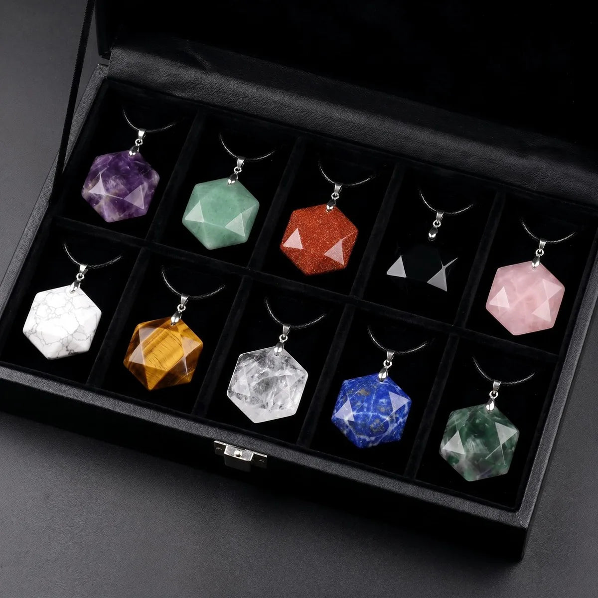 22mm Faceted Hexagon Natural Stone Necklace Healing Crystal Pendant with Black Rope Chain Jewelry Gift