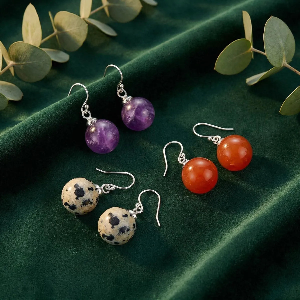 Women Gemstone Balls Drop Earring Healing Chakra Crystal 10MM Beads Dangle Earrings