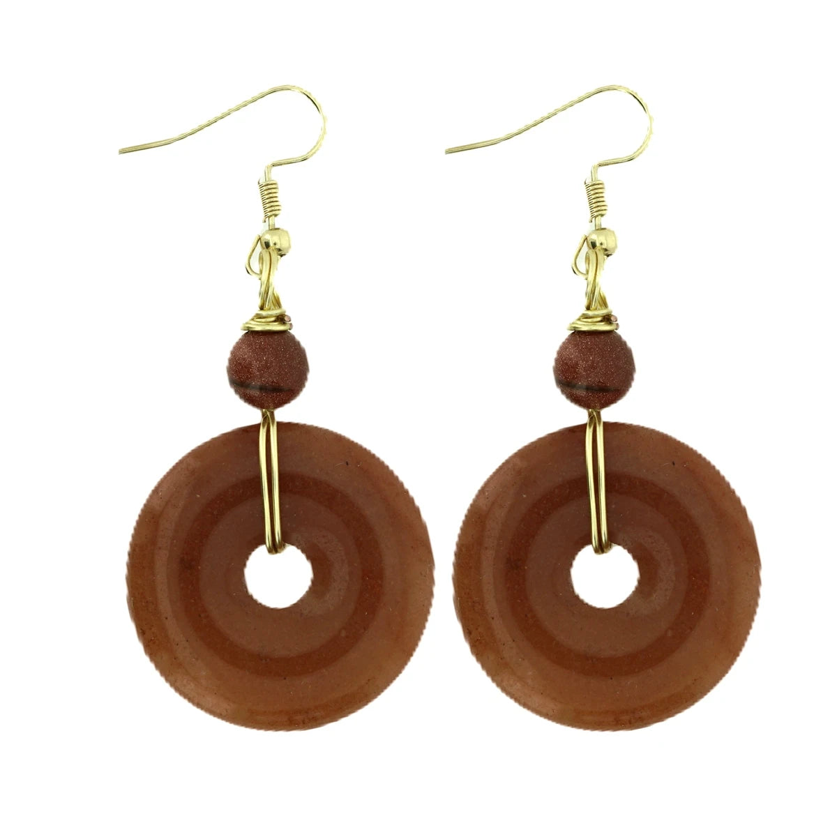 Natural Crystal Dangle Earrings for Women Girls 1.2 Inch Gemstone Donut Lucky Coin Pendant with Copper Wire Wrapped Ear Jewelry