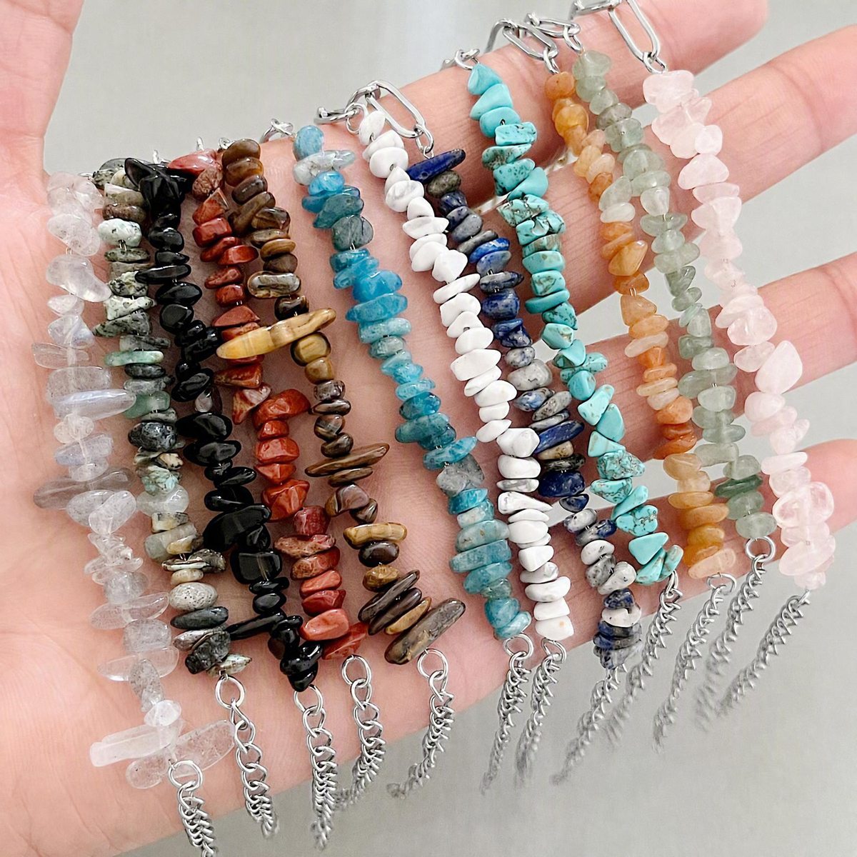 Healing Crystal Chips Stone Paperclip Link Bracelet Dainty Layering Handmade Bracelet Multiple Stone Options #SB3165