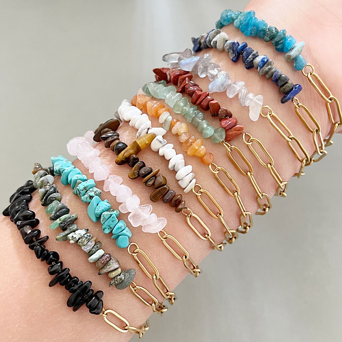 Natural Crystal Chip Beaded Bracelet Stainless Steel Paperclip Link Chain Adjustable Healing Gemstone Jewelry for Women #SB3165