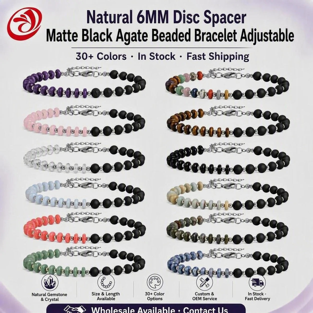 6MM Heishi Disc Spacer Round Bead Matte Onyx Gemstone Bracelet Silver Chain Adjustable #SB3145
