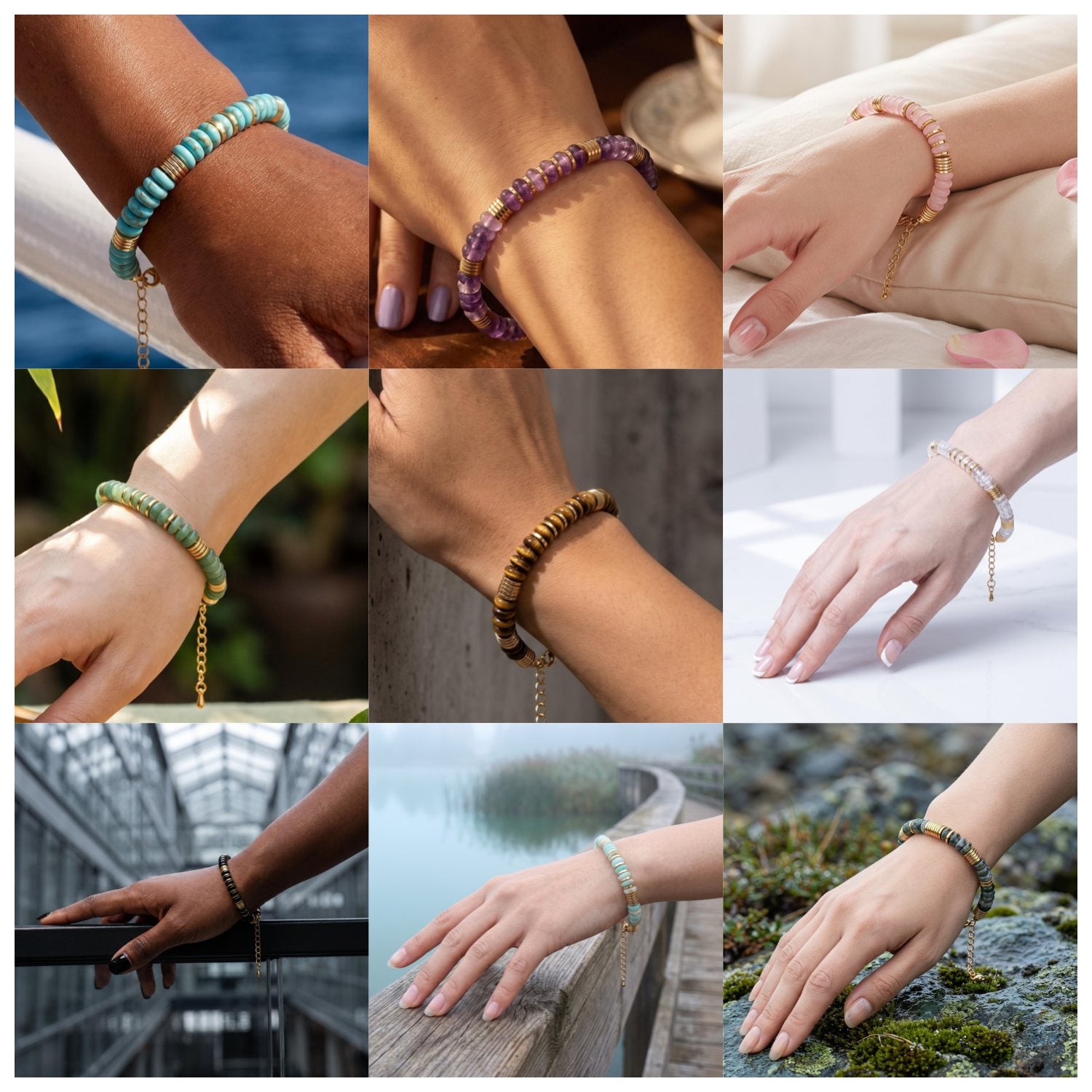 Natural Stone 6x3mm Disc Beaded Bracelet with Gold Spacers Adjustable Chain#SB3131
