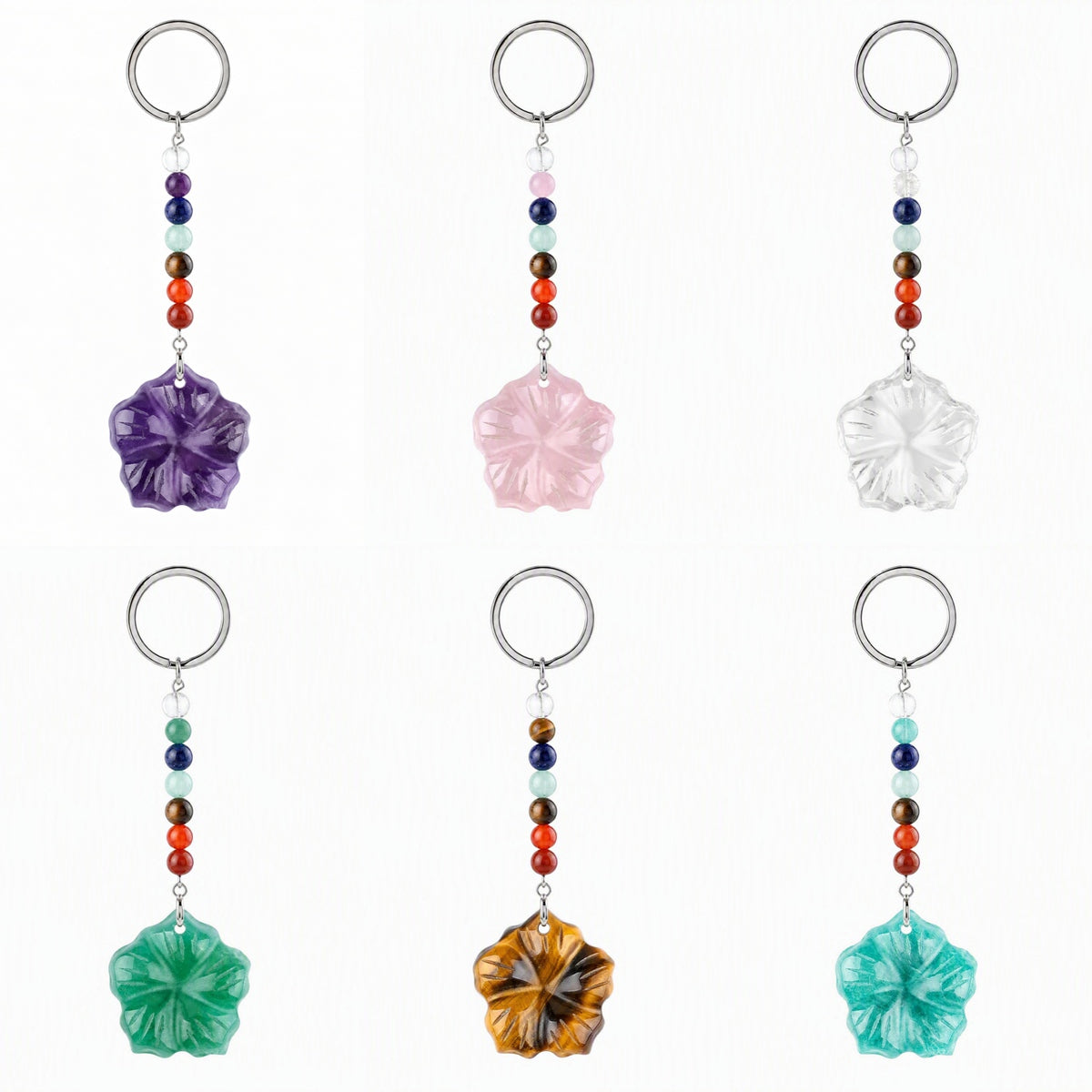 Natural Gemstone Flower Keychain with 7 Chakra Stone Beads Chain Hand Carved Gemstone Keyring Charm for Gift