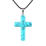 Natural Gemstone Cross Pendant Necklace for Women Men 45CM Black Rope Chain 27x40mm Stone Charms