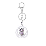 Silver Owl Gemstone Pendant Charms Keychain #KC1759 Crescent Frame Cute Bird Animal Healing Crystal Jewelry for Women