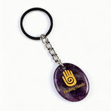 Oval Gemstone Disc Keychain– Carved with Custom Words & Symbol -"Hand"
