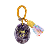 Handmade Woven Oval Gemstone Disc Strand Keychain– Carved with Custom Words & Symbol -I want it I got it