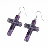 Natural Gemstone Cross Drop Earrings for Women – 27x40mm Tumbled Stone Pendant Earrings with Silver Hook, Religious Jewelry for Faith, Fashion & Daily Wear – Multiple Colors Available
