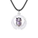 Silver Owl Gemstone Pendant Necklace #SN1759 Crescent Frame Cute Bird Animal Jewelry