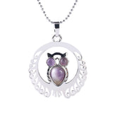 Silver Owl Gemstone Pendant Necklace with Beads Chain #SN1759 Crescent Frame Cute Bird Animal Healing Crystal Jewelry for Women