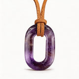Hand-Polished Hollow O-Shape Gemstone Pendant, 25×40mm Adjustable Rope Necklace, Unique Natural Crystal Daily Wear Jewelry
