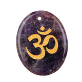 35x45mm Oval Natural Gemstone Pendant, 3D OM Symbol Engraved, Polished Crystal Disc Charm for DIY Spiritual Jewelry, Necklace Making