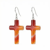 Natural Gemstone Cross Drop Earrings for Women – 27x40mm Tumbled Stone Pendant Earrings with Silver Hook, Religious Jewelry for Faith, Fashion & Daily Wear – Multiple Colors Available