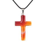 Natural Gemstone Cross Pendant Necklace for Women Men 45CM Black Rope Chain 27x40mm Stone Charms