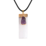Natural Selenite Gypsum Crystal Pendant with Raw Amethyst Necklace Rope Cord #SN1774