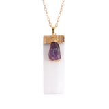 Natural Selenite Gypsum Crystal Pendant with Raw Amethyst Necklace 45cm O Chain #SN1774