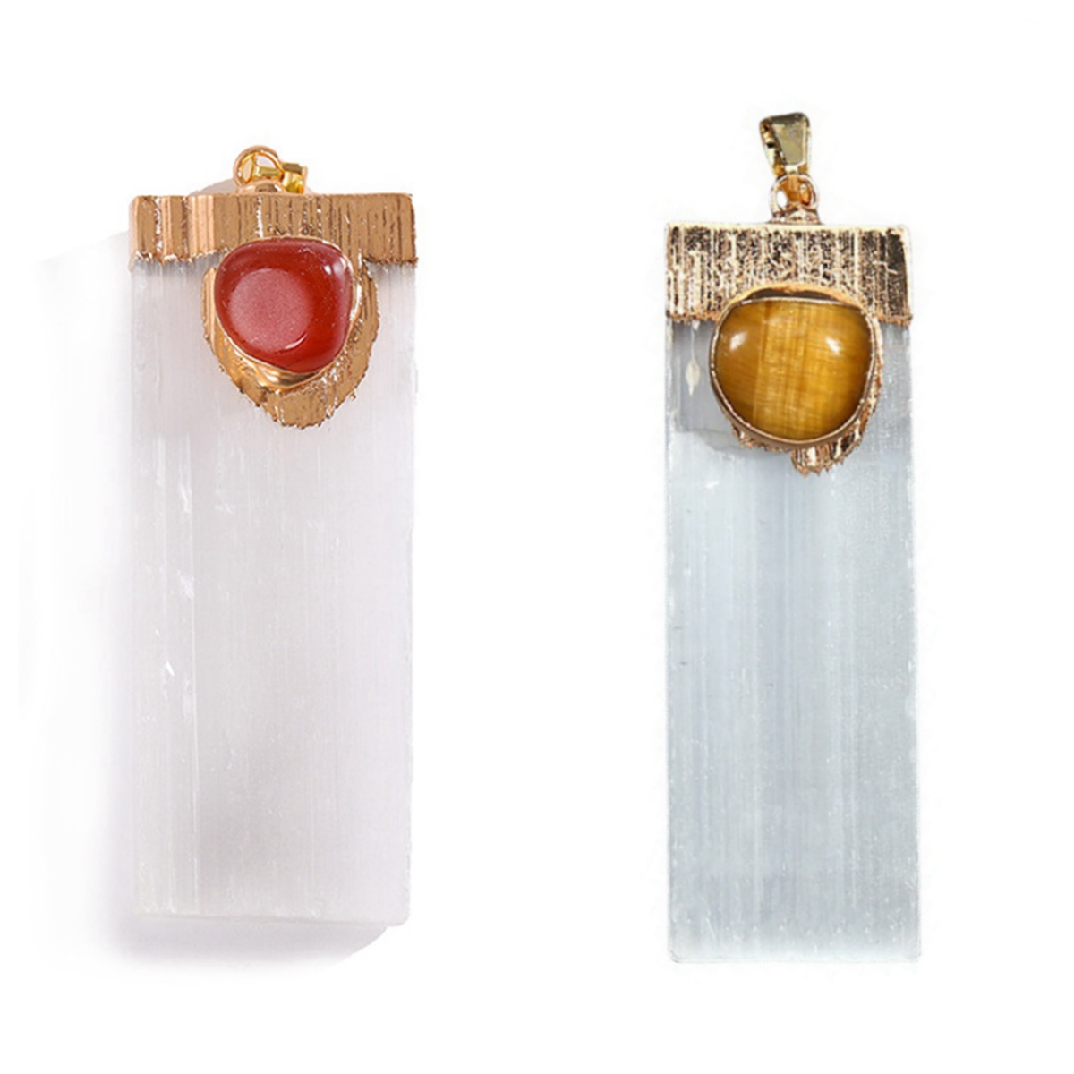 White Selenite Crystal Gypsum Pendant For Making Jewelry #SP1775G with Tumbled Stone Wrapped Gold