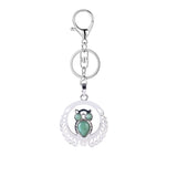 Silver Owl Gemstone Pendant Charms Keychain #KC1759 Crescent Frame Cute Bird Animal Healing Crystal Jewelry for Women