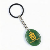 Oval Gemstone Disc Keychain– Carved with Custom Words & Symbol -"Hand"