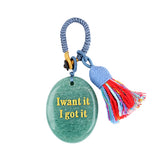 Handmade Woven Oval Gemstone Disc Strand Keychain– Carved with Custom Words & Symbol -I want it I got it