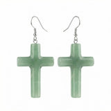 Natural Gemstone Cross Drop Earrings for Women – 27x40mm Tumbled Stone Pendant Earrings with Silver Hook, Religious Jewelry for Faith, Fashion & Daily Wear – Multiple Colors Available