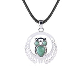 Silver Owl Gemstone Pendant Necklace #SN1759 Crescent Frame Cute Bird Animal Jewelry
